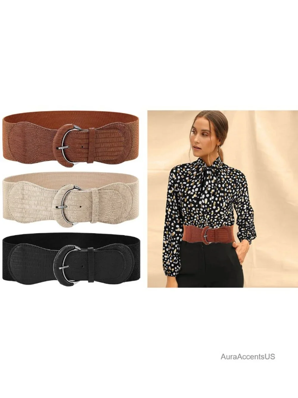 3 Piece Women's Wide Elastic Leather Waist Belts with Metal Buckle